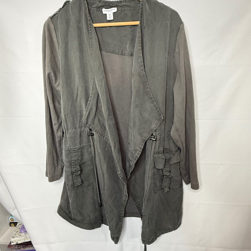 Carolina Belle Montreal Olive Green Utility Jacket Mixed Media Draped Front 1X